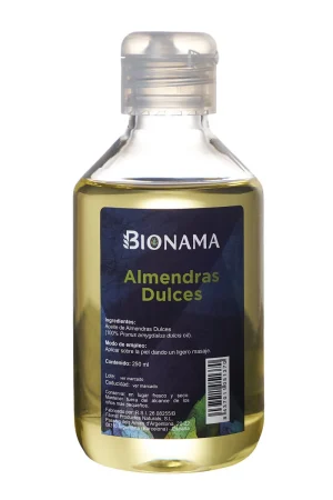 Aceite de Almendras Dulces Bionama en botella, ideal para hidratar y nutrir la piel de forma natural.