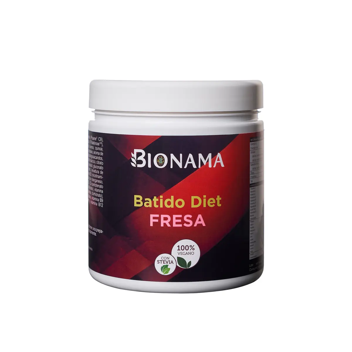 Batido dietético vegano Bionama sabor fresa en envase atractivo, ideal para una alimentación saludable y deliciosa.