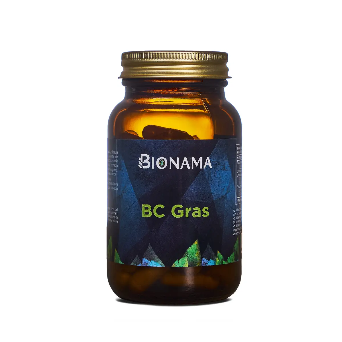 Cápsulas de BC Gras Bionama en envase de cristal, ideales para quemar grasas y mejorar el metabolismo lipídico.