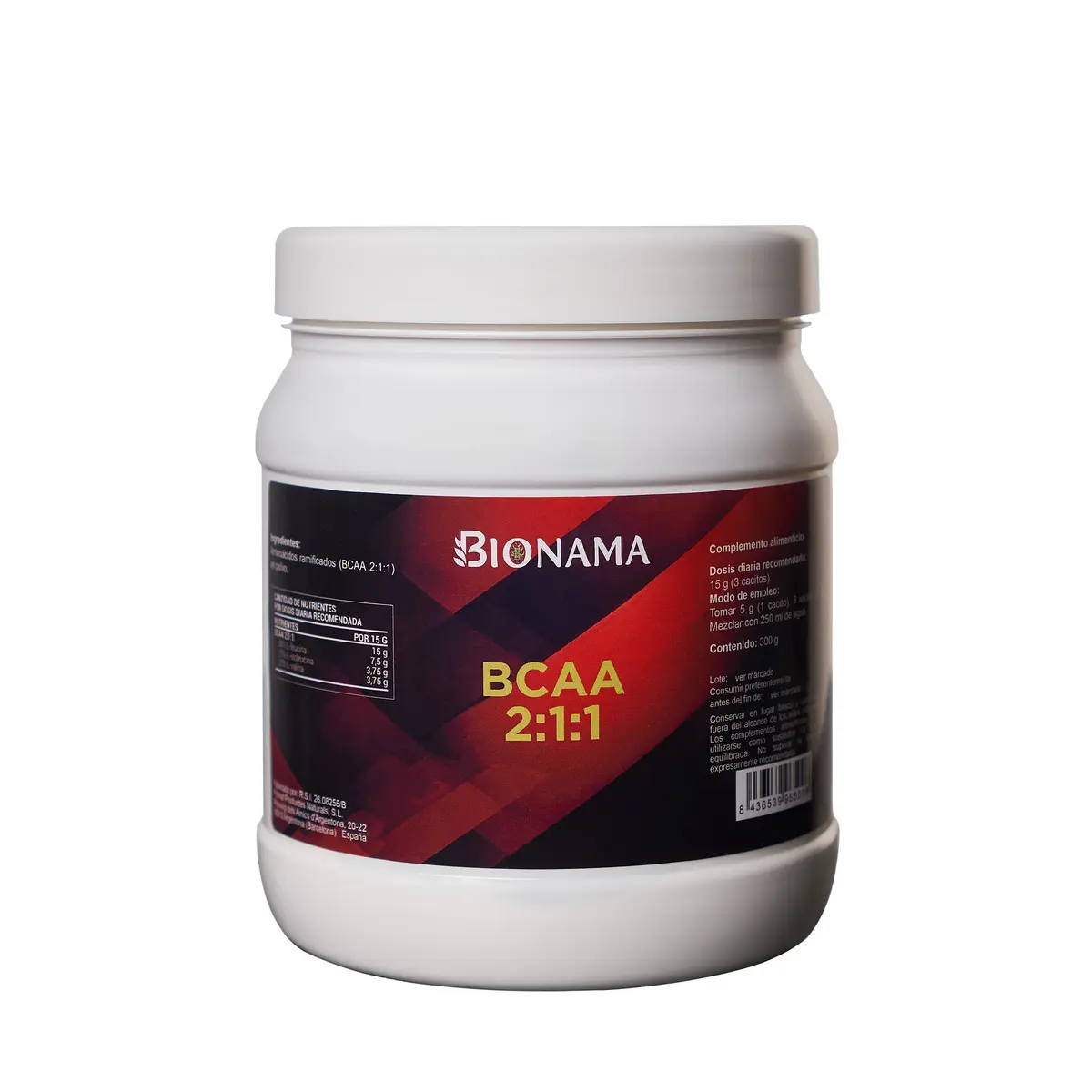 BCAA 2:1:1 de Bionama en envase de 300g, ideal para potenciar tu rendimiento y recuperación muscular.