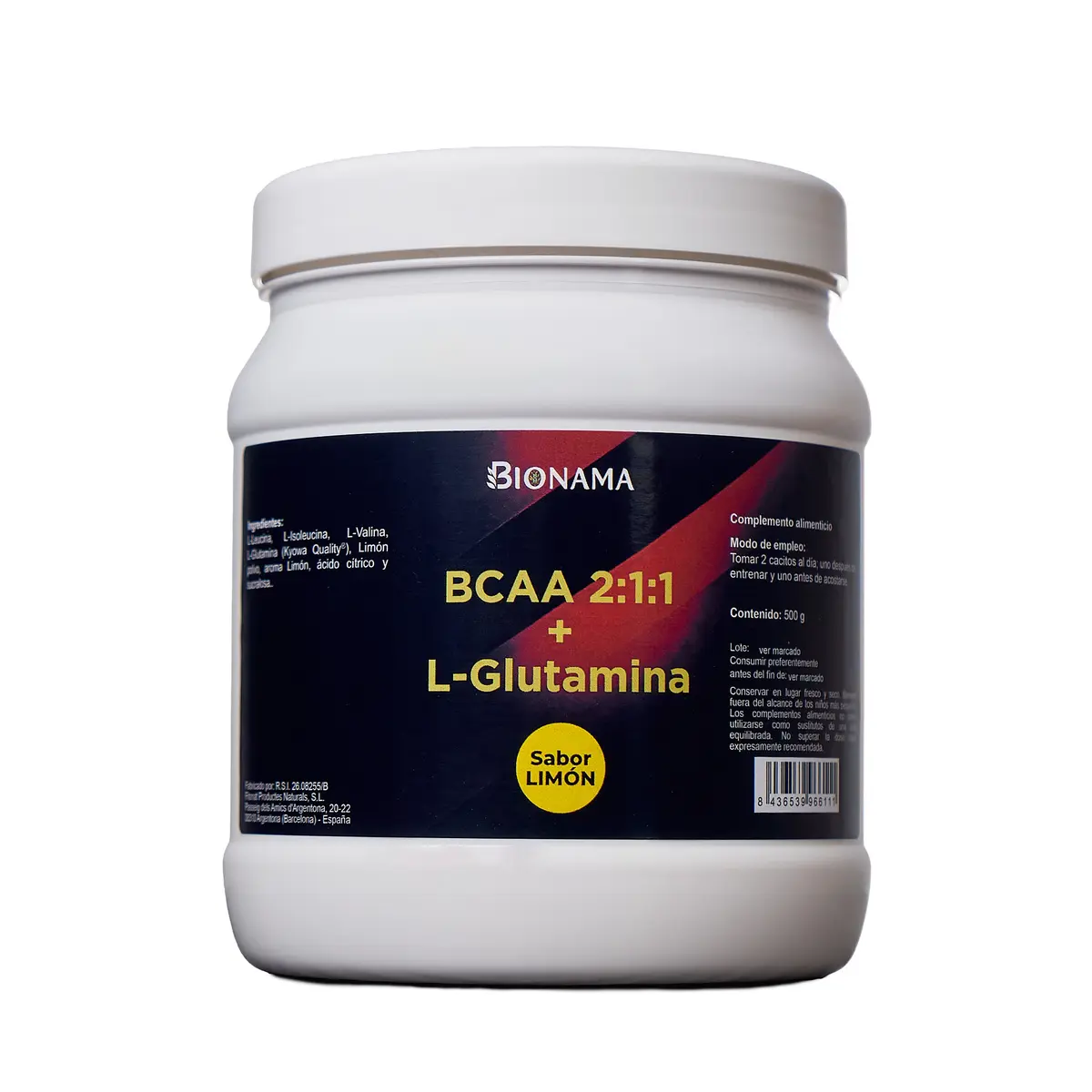 BCAA 2:1:1 y L-Glutamina en polvo sabor limón de Bionama, ideal para potenciar tu rendimiento deportivo.