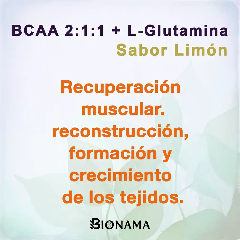 Ficha con propiedades de BCAA con L-Glutamina sabor limón de Bionama.