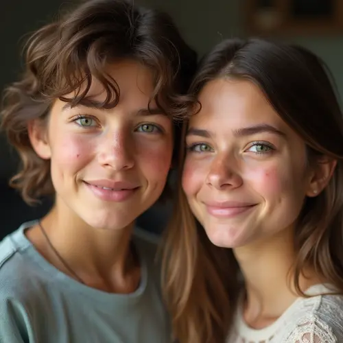 Chica y chico adolescentes con granos de acné en sus caras.