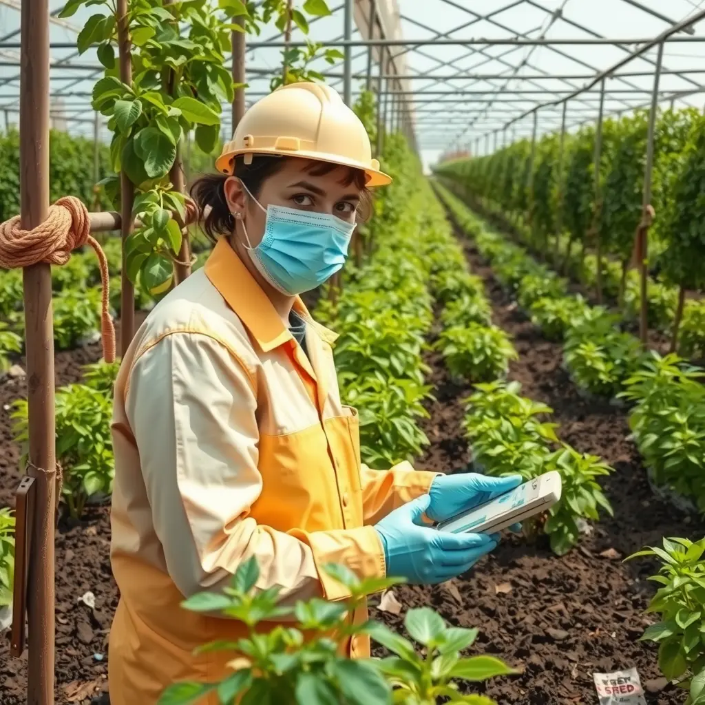 Ingeniera agrícola con casco y uniforme de color amarillo y con mascarilla y guantes azules, trabajando en invernadero.