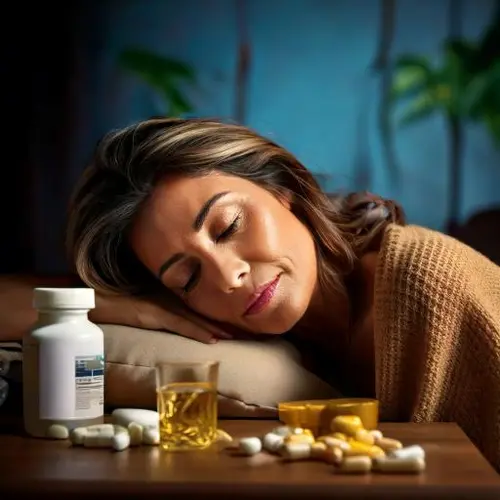 Mujer durmiendo junto a suplementos alimenticios que le ayudan a tener un sueño reparador.