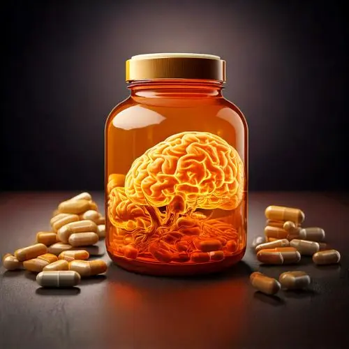 Cápsulas de complementos alimenticios junto a un bote de cristal que contiene un cerebro.