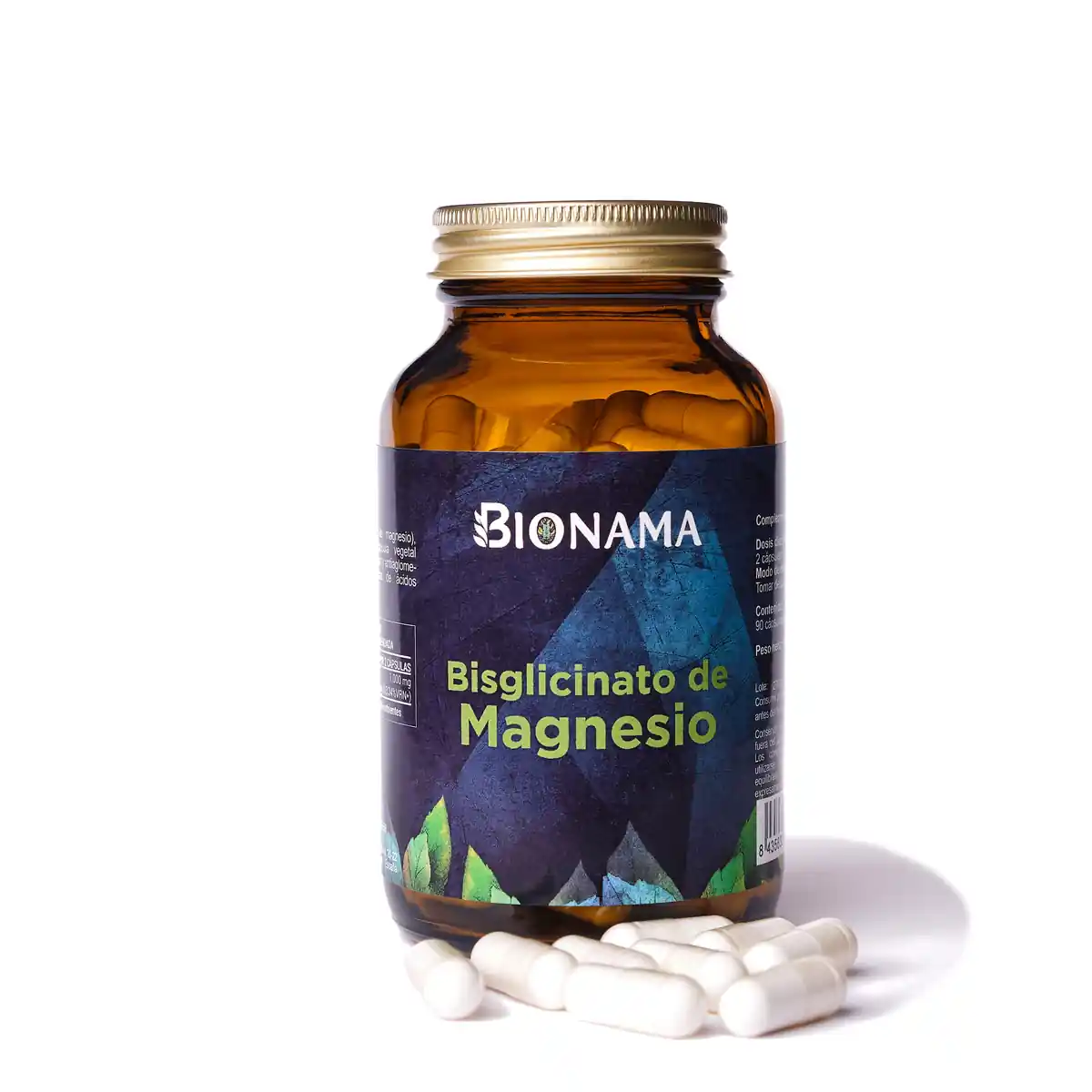 Bote de cristal de cápsulas de bisglicinato de magnesio de la marca Bionama.