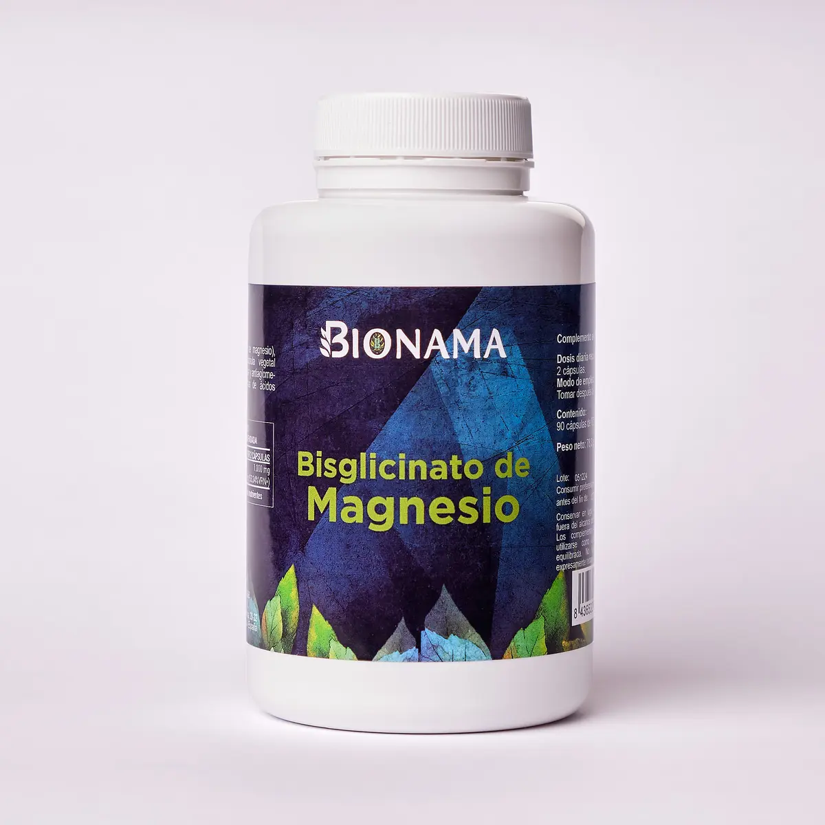 Envase de bisglicinato de magnesio de Bionama esencial para la energía, función muscular y salud ósea, favoreciendo la eliminación de residuos.