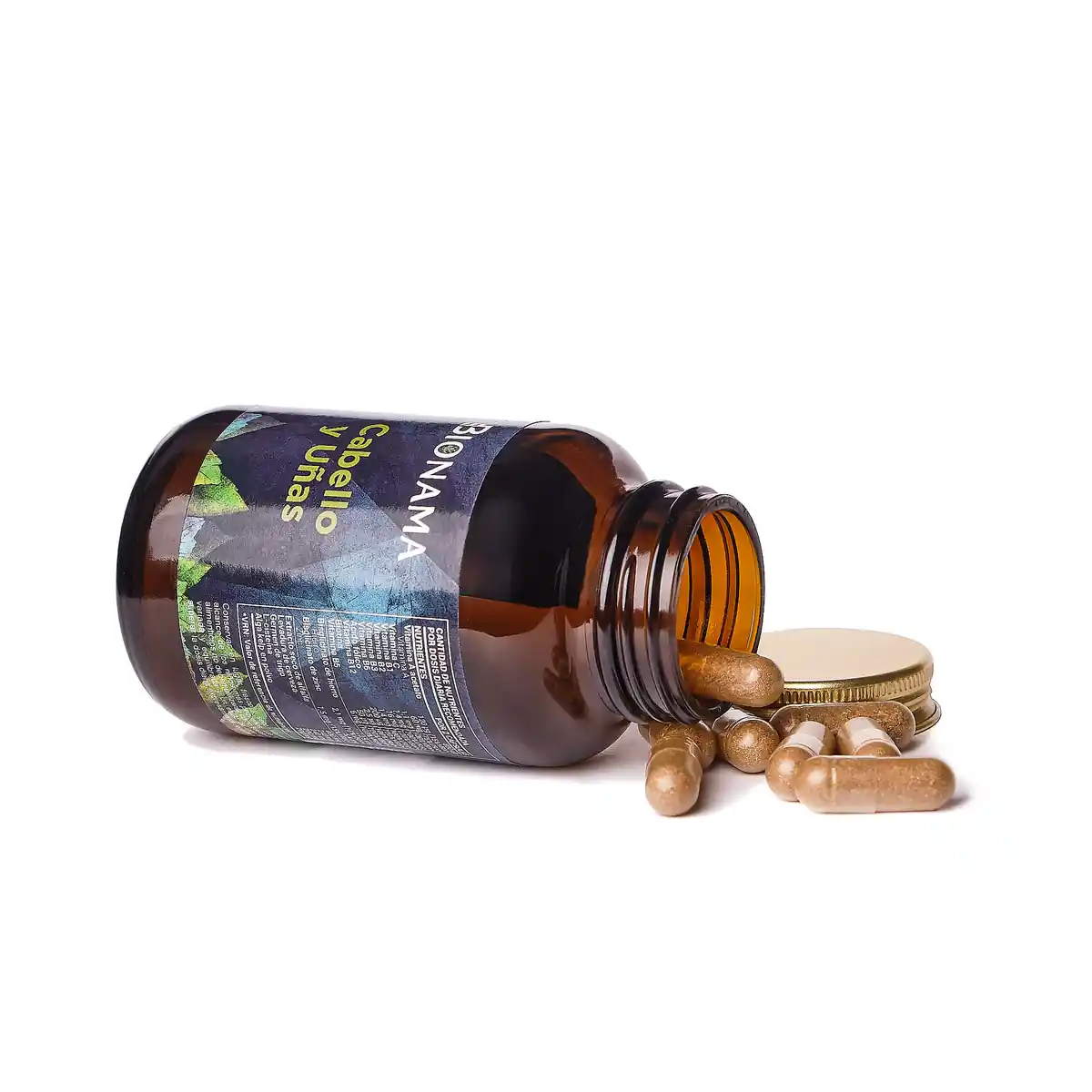 Suplemento Bionama Cabello y Uñas en cápsulas, presentado en un elegante envase de cristal. Potencia tu belleza natural.