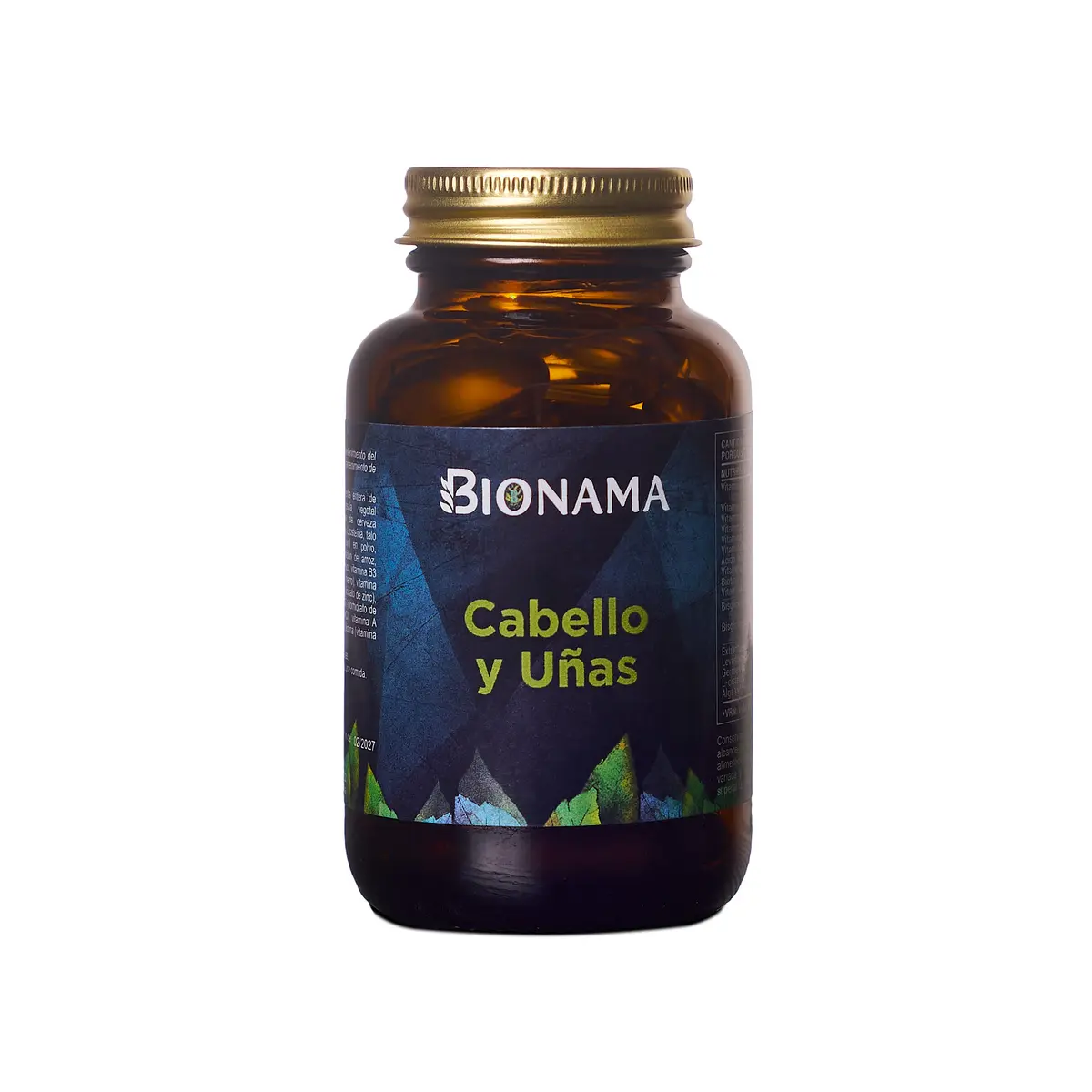 Suplemento Bionama Cabello y Uñas en cápsulas, presentado en un elegante envase de cristal. Potencia tu belleza natural.