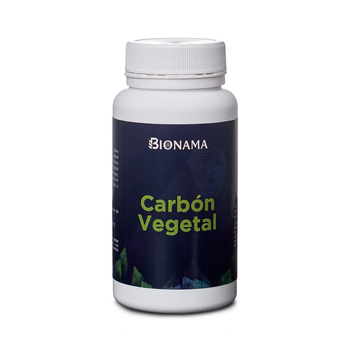 Cápsulas de carbón vegetal Bionama, envase de suplementos naturales para una salud óptima y bienestar digestivo.