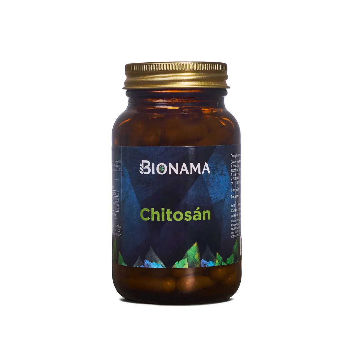 Cápsulas de Chitosán Bionama en envase de cristal, ideales para capturar grasas y complementar tu dieta.