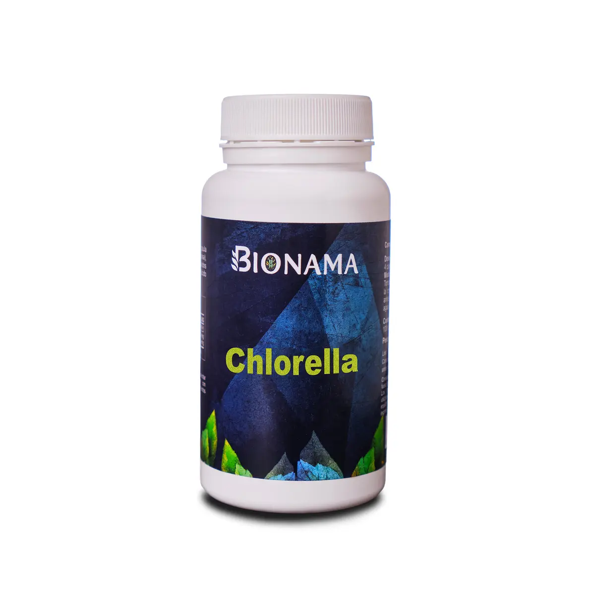 Envase de cápsulas de chlorella Bionama, ideales para desintoxicar hígado, intestinos y sangre de manera natural y efectiva.