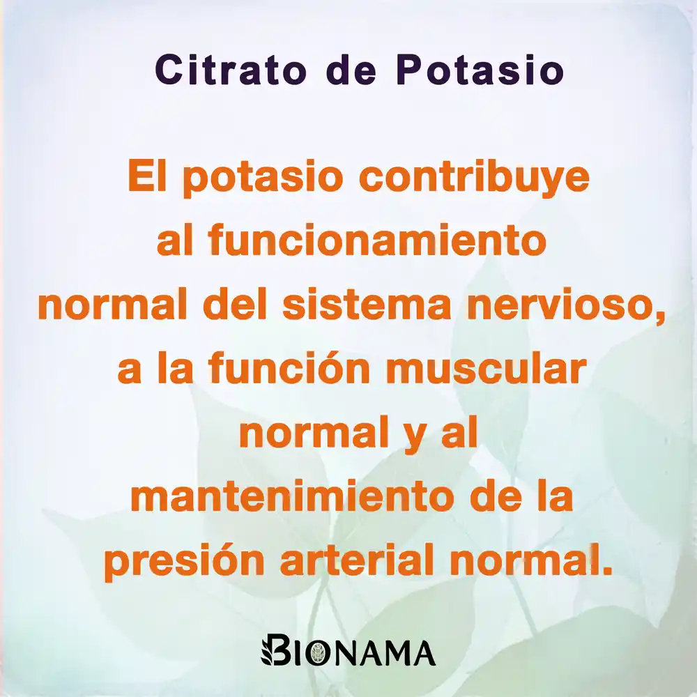 Ficha con propiedades de Citrato de Potasio en cápsulas de Bionama.