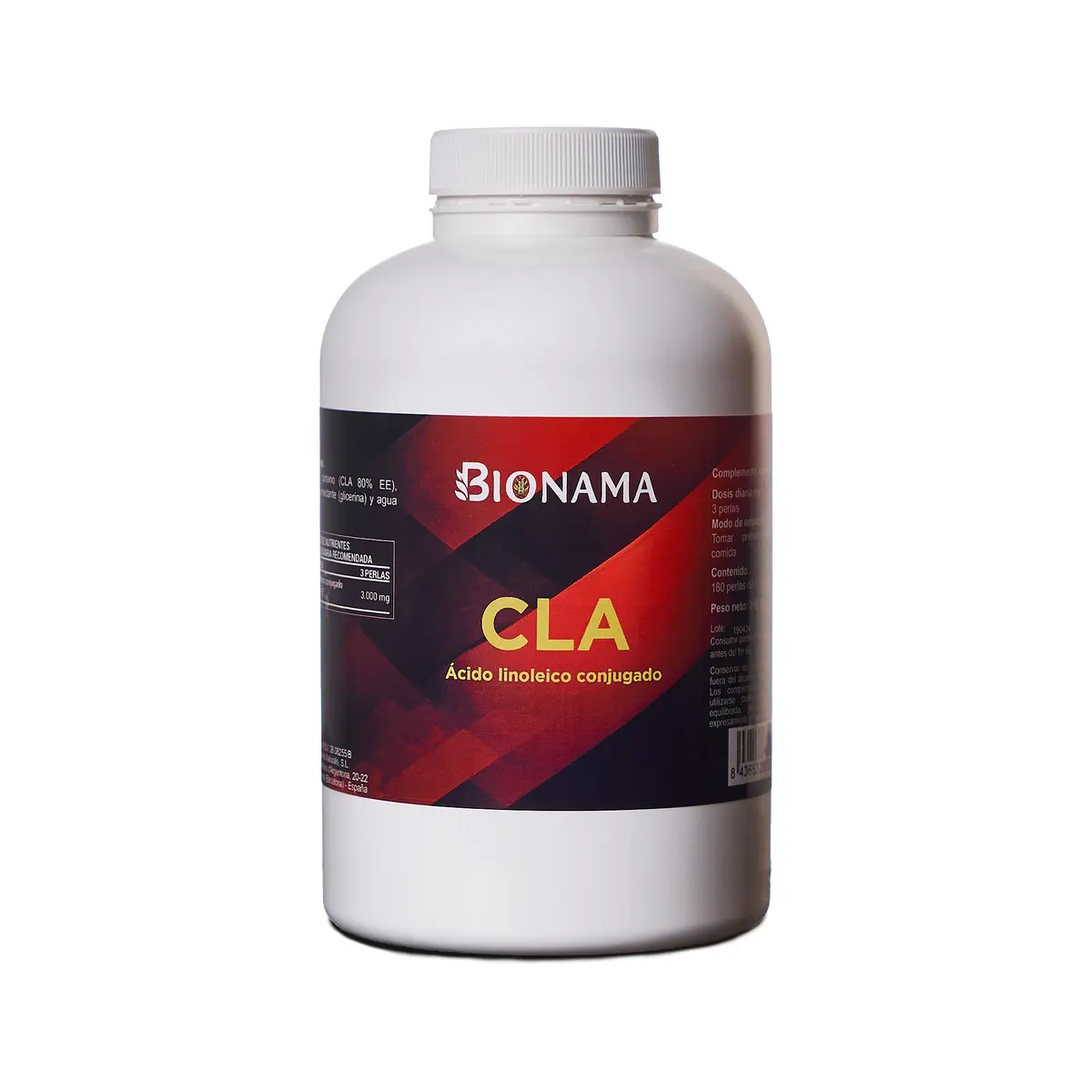 Envase de suplemento Bionama CLA. Perlas para perder peso y aumentar masa muscular con ácido linoleico conjugado.