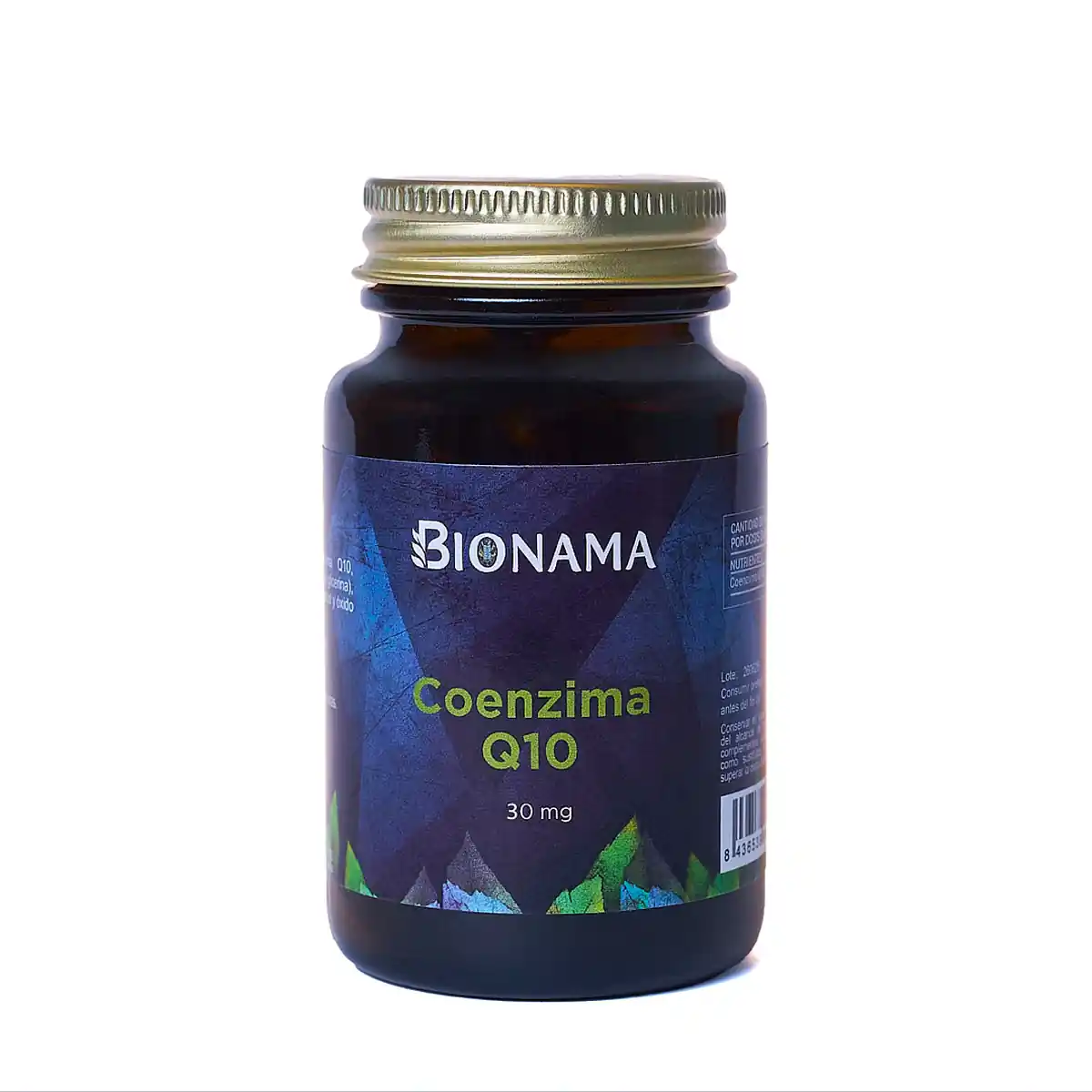 Envase de suplemento de Coenzima Bionama en cápsulas, ideal para la energía celular y la salud cardiovascular.