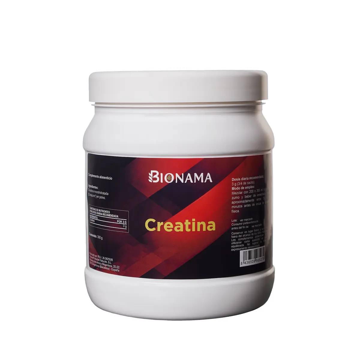 Envase de Creatina Monohidratada en polvo Bionama, ideal para potenciar tu rendimiento deportivo y aumentar masa muscular.