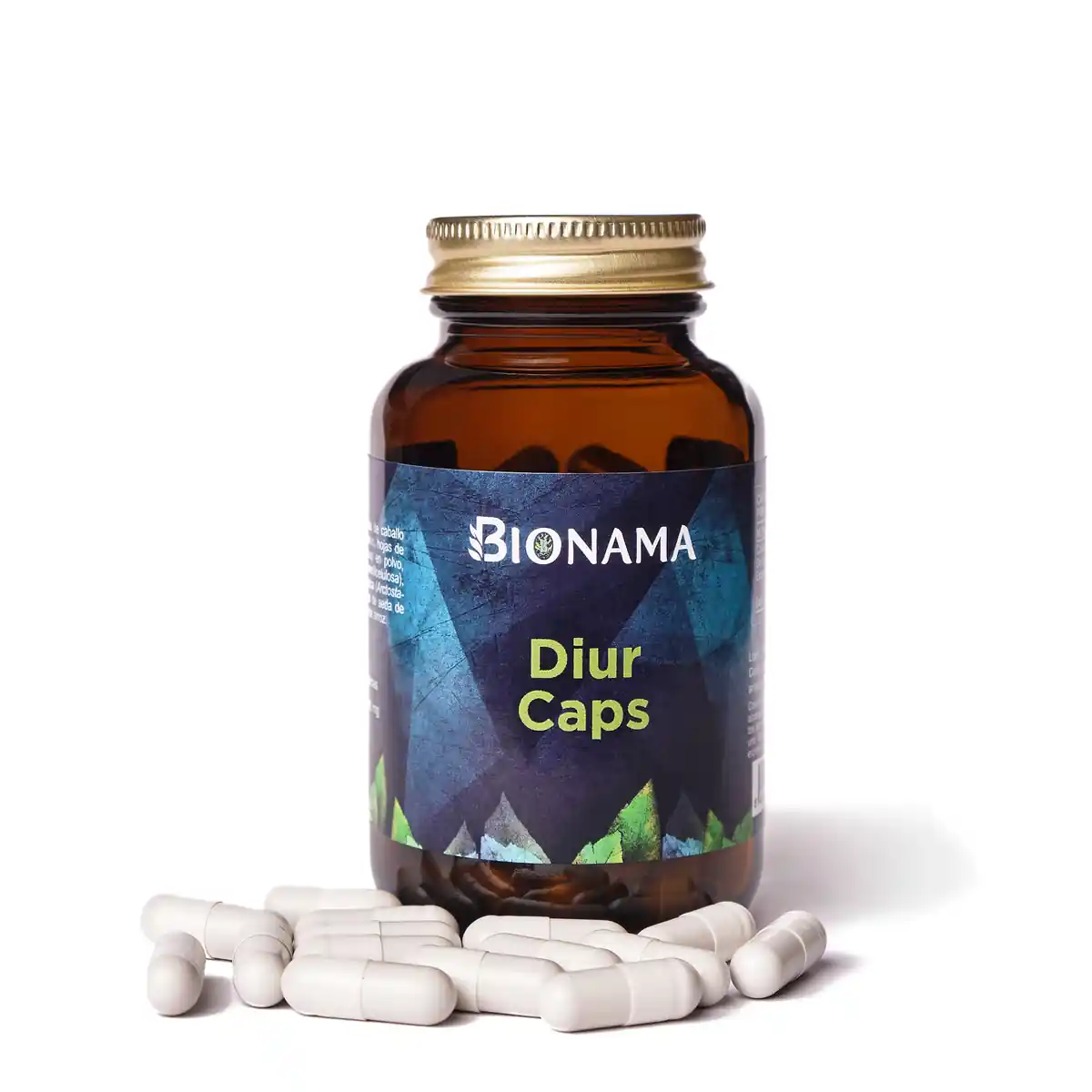 Bote de cristal con cápsulas del suplementos alimenticio Diur Caps de Bionama, un diurético natural.