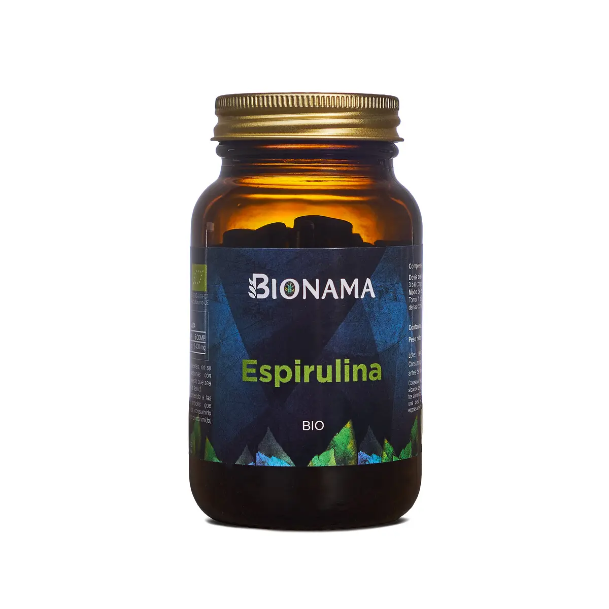 Envase de cristal con comprimidos de Espirulina Bionama, un potente remineralizante para tu salud y bienestar.