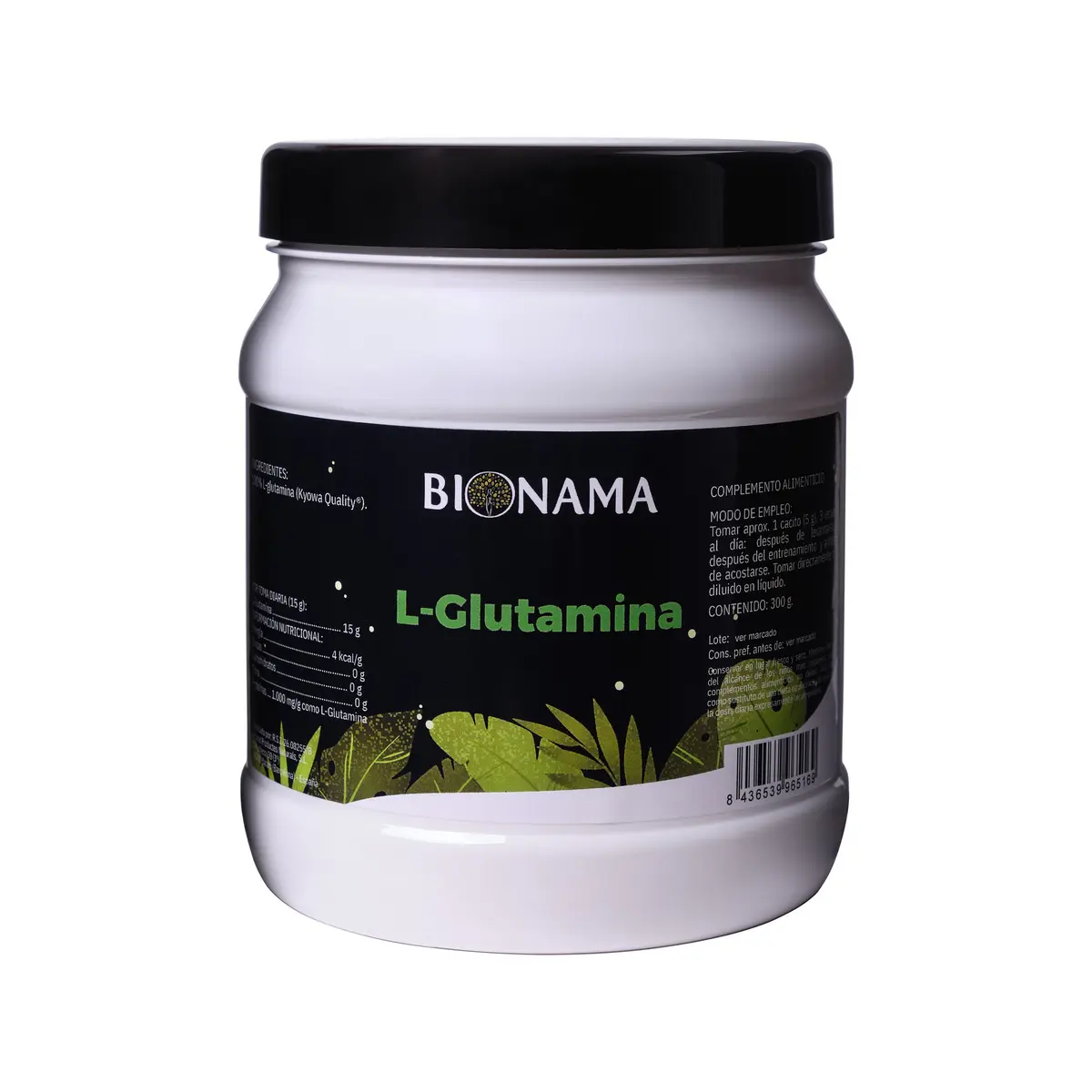 Bote de L-Glutamina en polvo de Bionama, ideal para la recuperación muscular y la reconstrucción de tejidos.