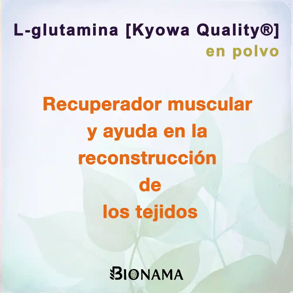 Ficha con propiedades de L-Glutamina en polvo de Bionama.