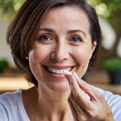 Mujer sonriendo va a tomar una cápsula de un suplemento alimenticio.