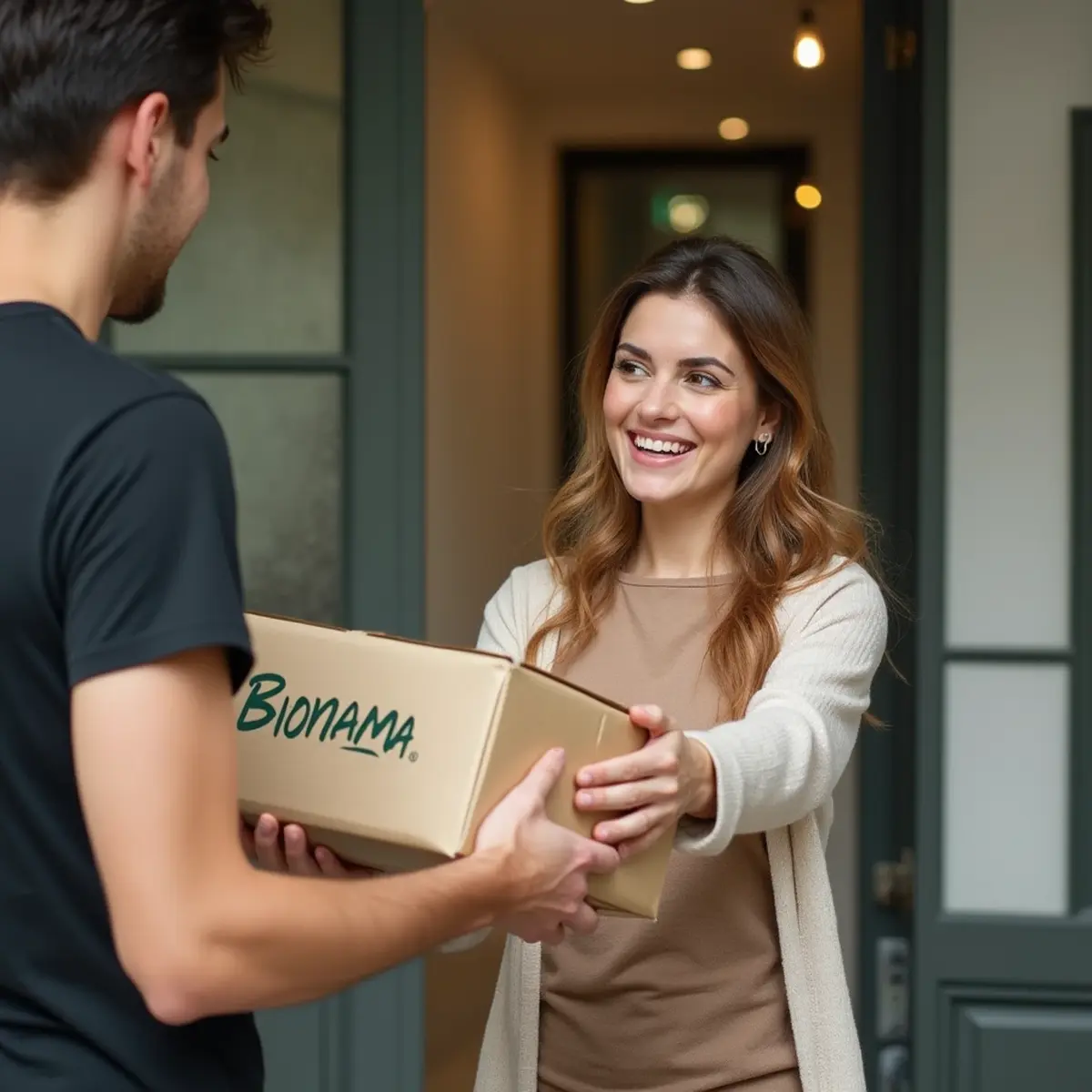 Mujer sonriendo recoge un paquete de suplementos alimenticios naturales Bionama.