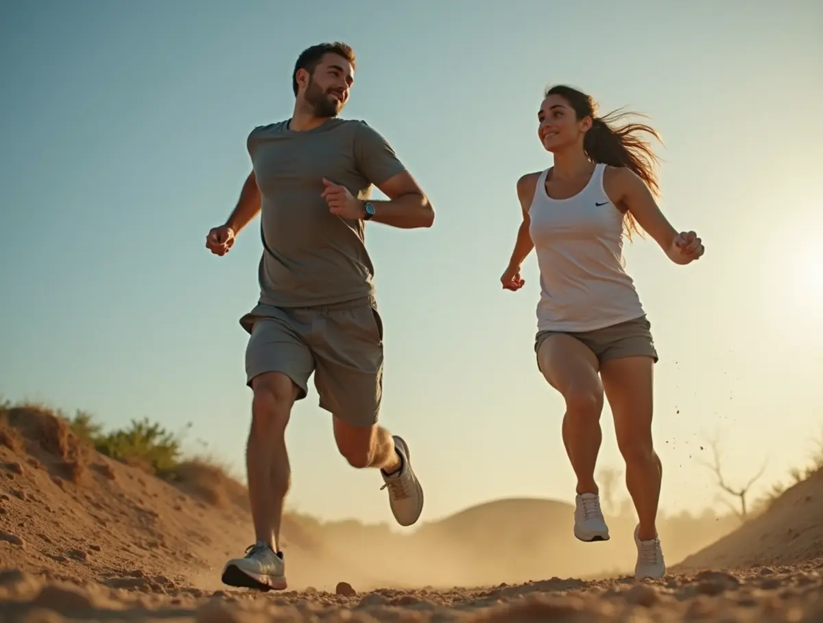 Un hombre y una mujer hacen deporte corriendo por un camino de tierra.