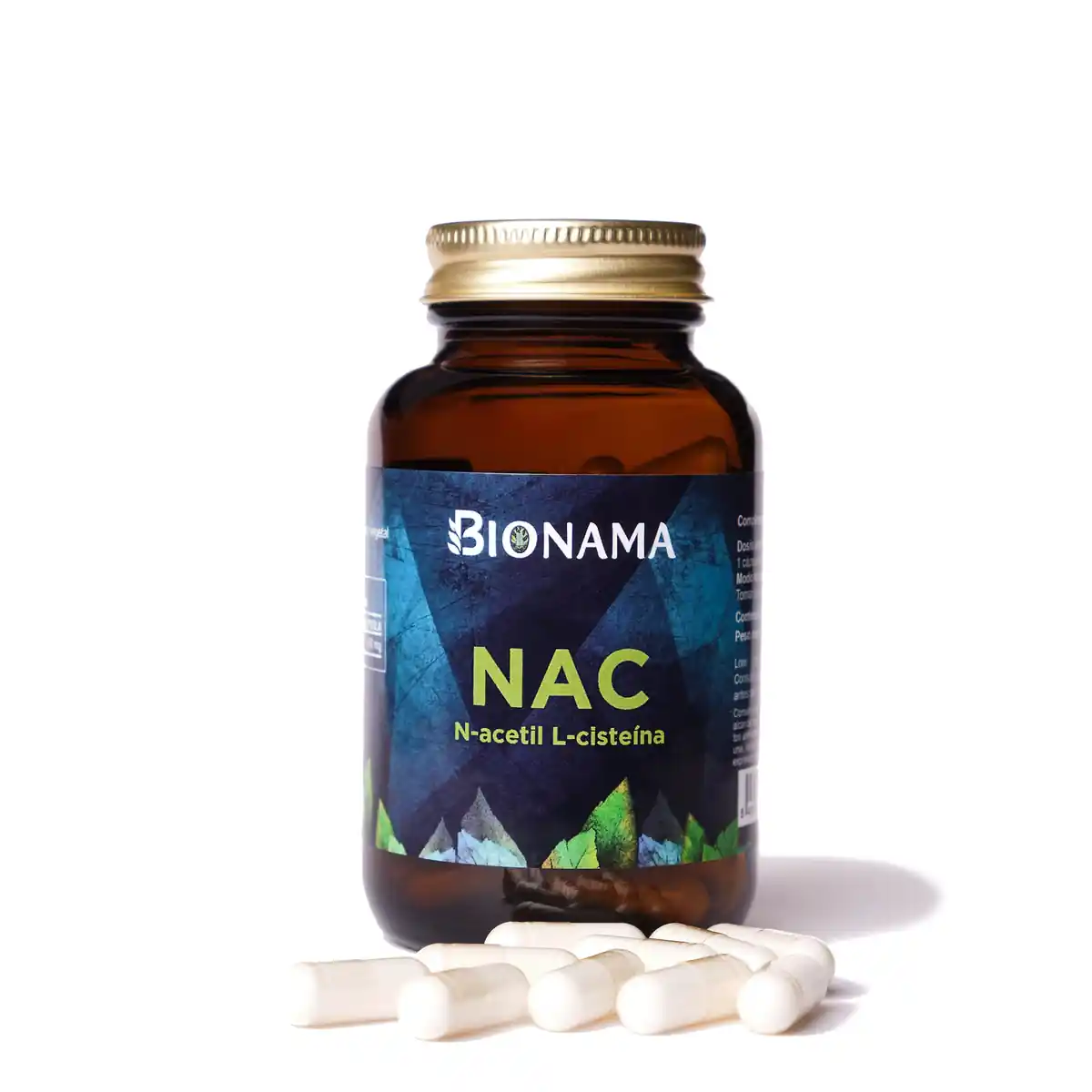 Bote de suplemento NAC N-Acetilcisteína de Bionama en cápsulas, antioxidante y desintoxicante para salud respiratoria y muscular.