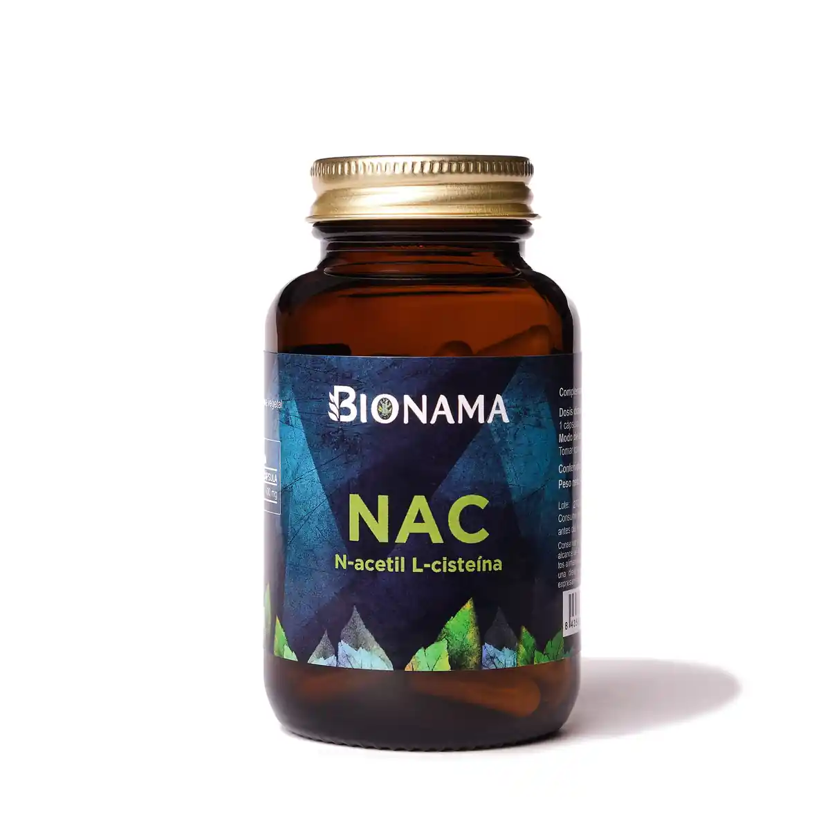 Bote de suplemento NAC N-Acetilcisteína de Bionama en cápsulas, antioxidante y desintoxicante para salud respiratoria y muscular.