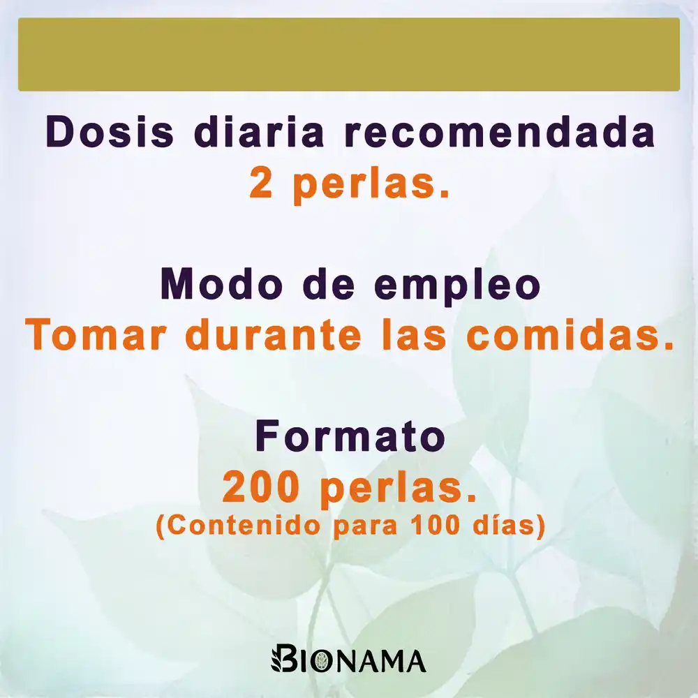 Ficha con la dosis diaria, modo de empleo y formato de las perlas de Omega 3 1000 mg de Bionama. Envase con 200 perlas.