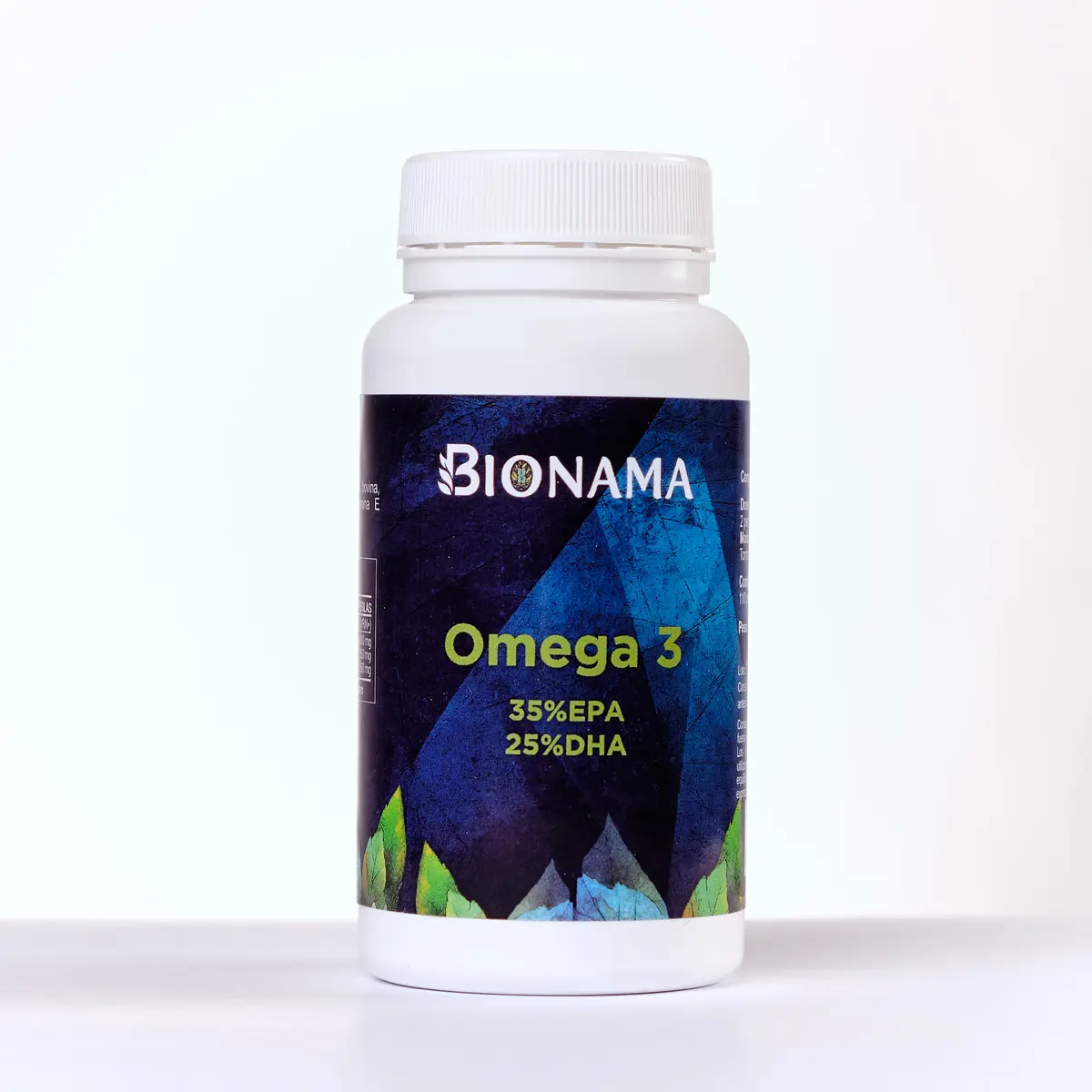 Bote de perlas de Omega 3 Bionama, con 35% EPA y 25% DHA, que ayuda a controlar colesterol y triglicéridos.