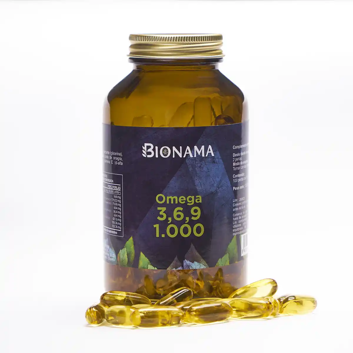 Omega 3 6 9 1000 mg en Perlas 6 Bote de cristal con perlas de Omega 3, 6, 9 1000 mg de Bionama, ideal para la salud cardiovascular y el bienestar general.