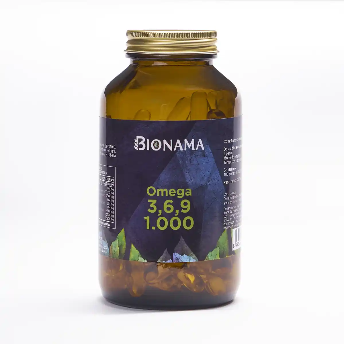 Bote de perlas de Omega 3, 6, 9 1000mg de Bionama, ideal para la salud cardiovascular y el bienestar general.