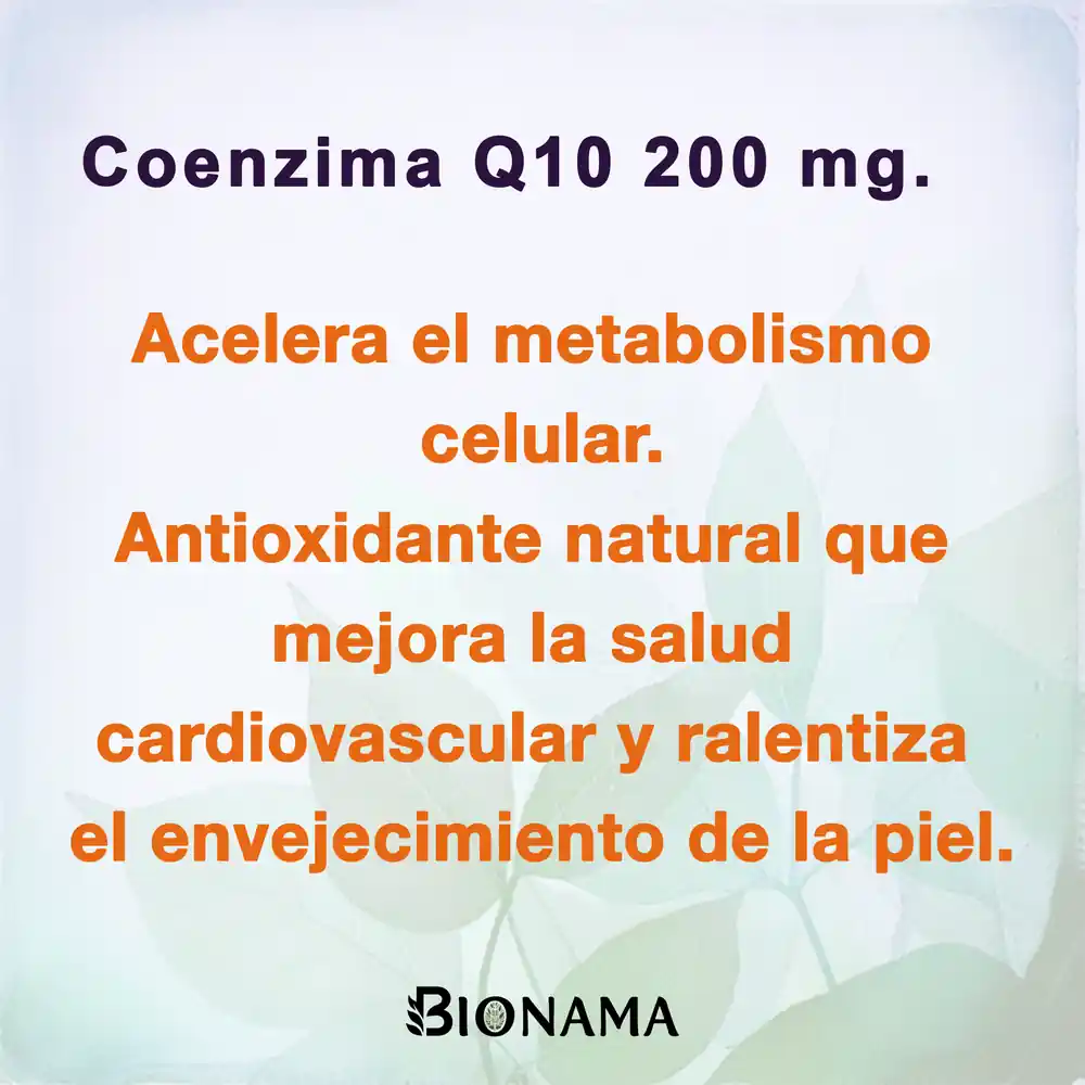 Ficha con propiedades de las perlas de Coenzima Q10 200 mg de Bionama.