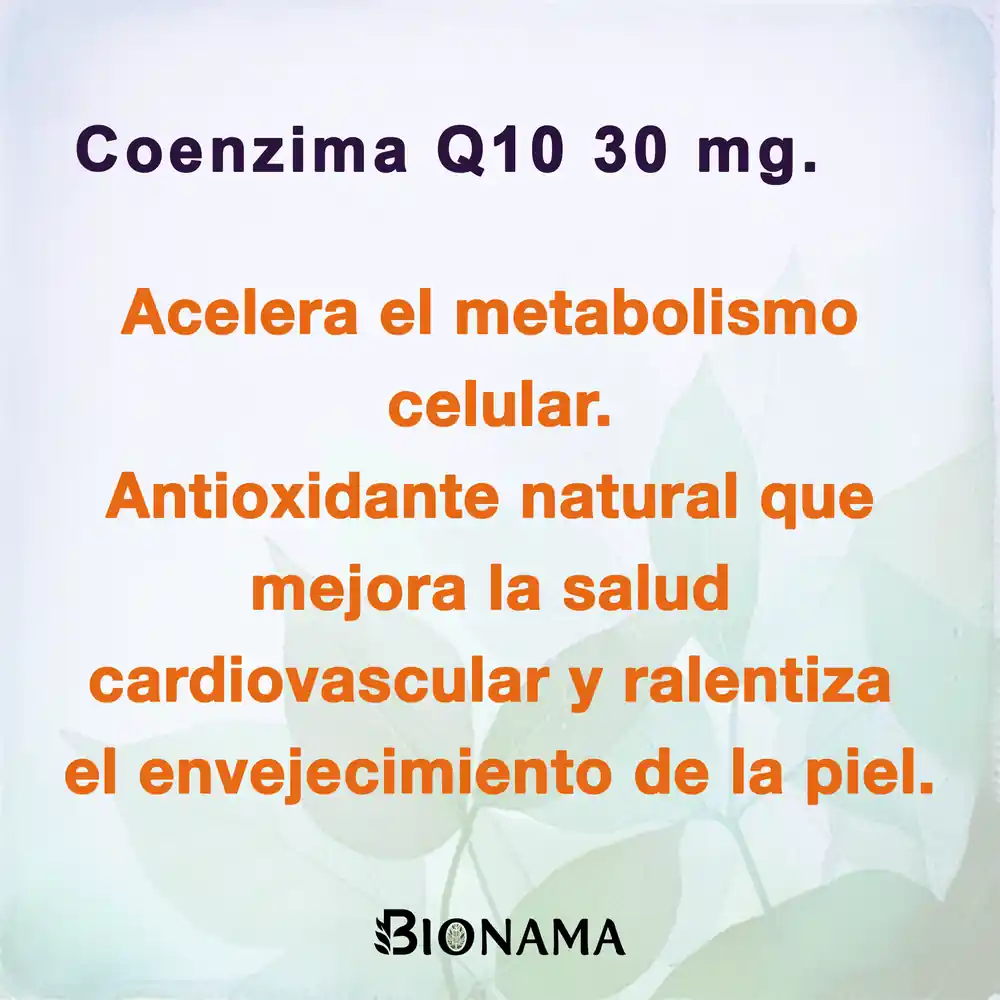 Ficha con propiedades de las perlas de Coenzima Q10 30 mg de Bionama.