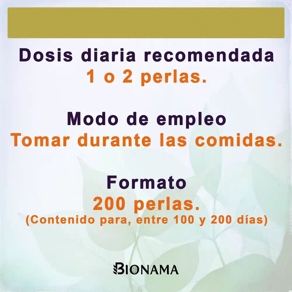 Ficha con la dosis, modo de empleo y formato de las perlas de Lecitina de Soja 1200 mg de Bionama. Envase con 200 perlas.
