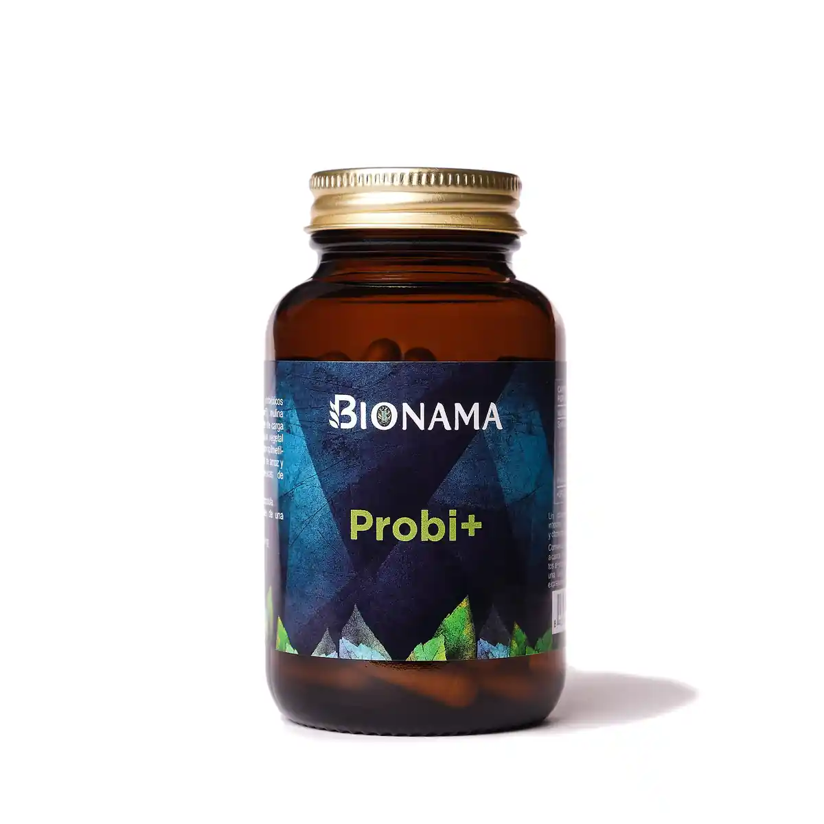 Bote de cristal de suplemento probiótico Probi+ de Bionama. Cápsulas de probióticos naturales ideales para mantener la flora intestinal saludable.