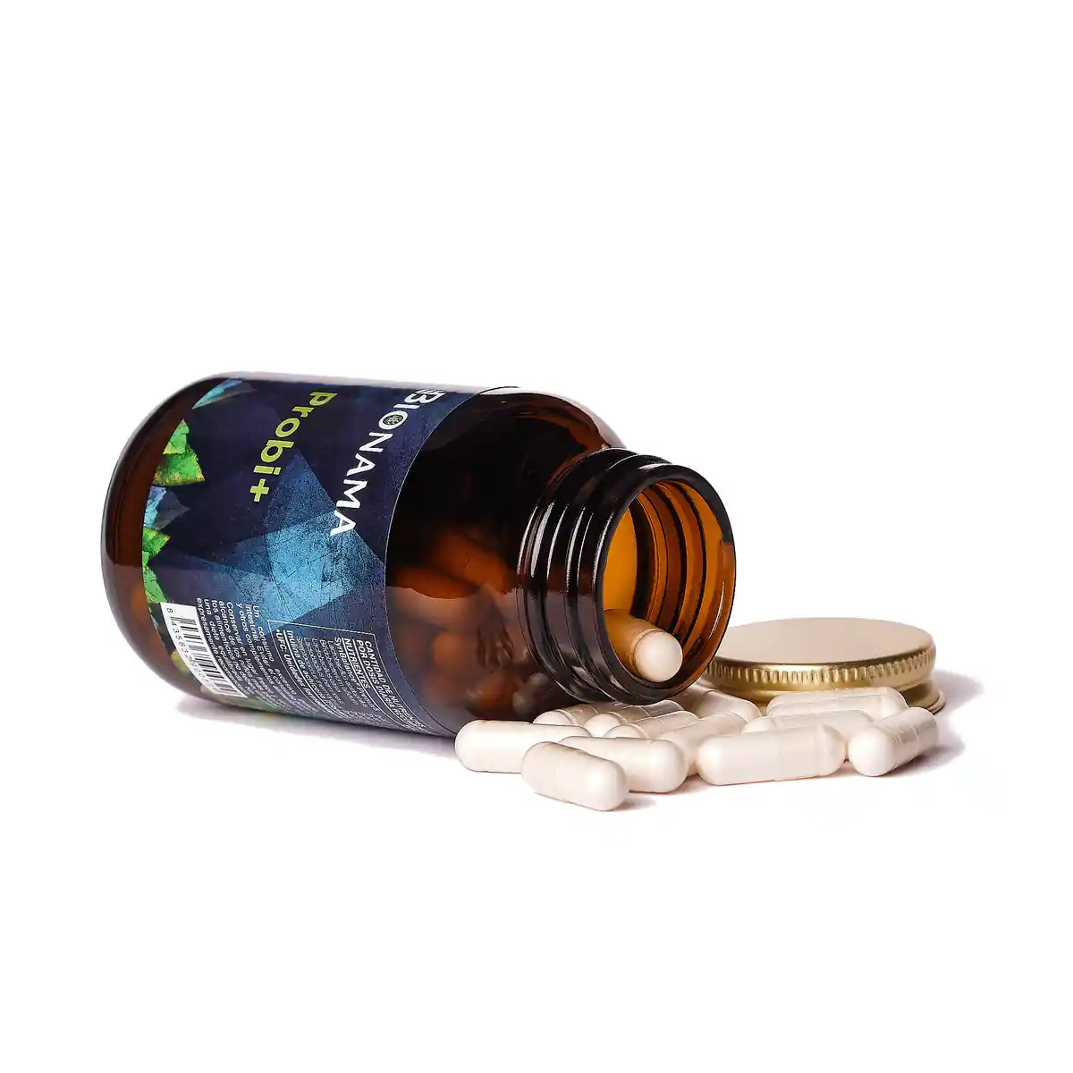 Bote de cristal abierto con cápsulas de probióticos naturales de Bionama. Probi Plus es un suplemento probiótico.