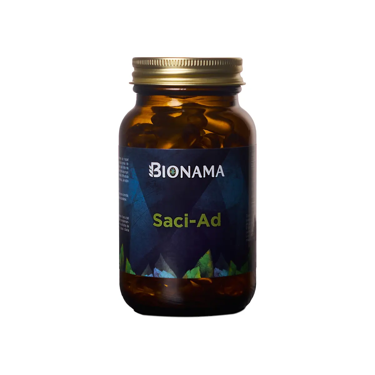 Cápsulas Saci Ad de Bionama en bote de cristal, ayudan a reducir el apetito y el picoteo entre comidas.
