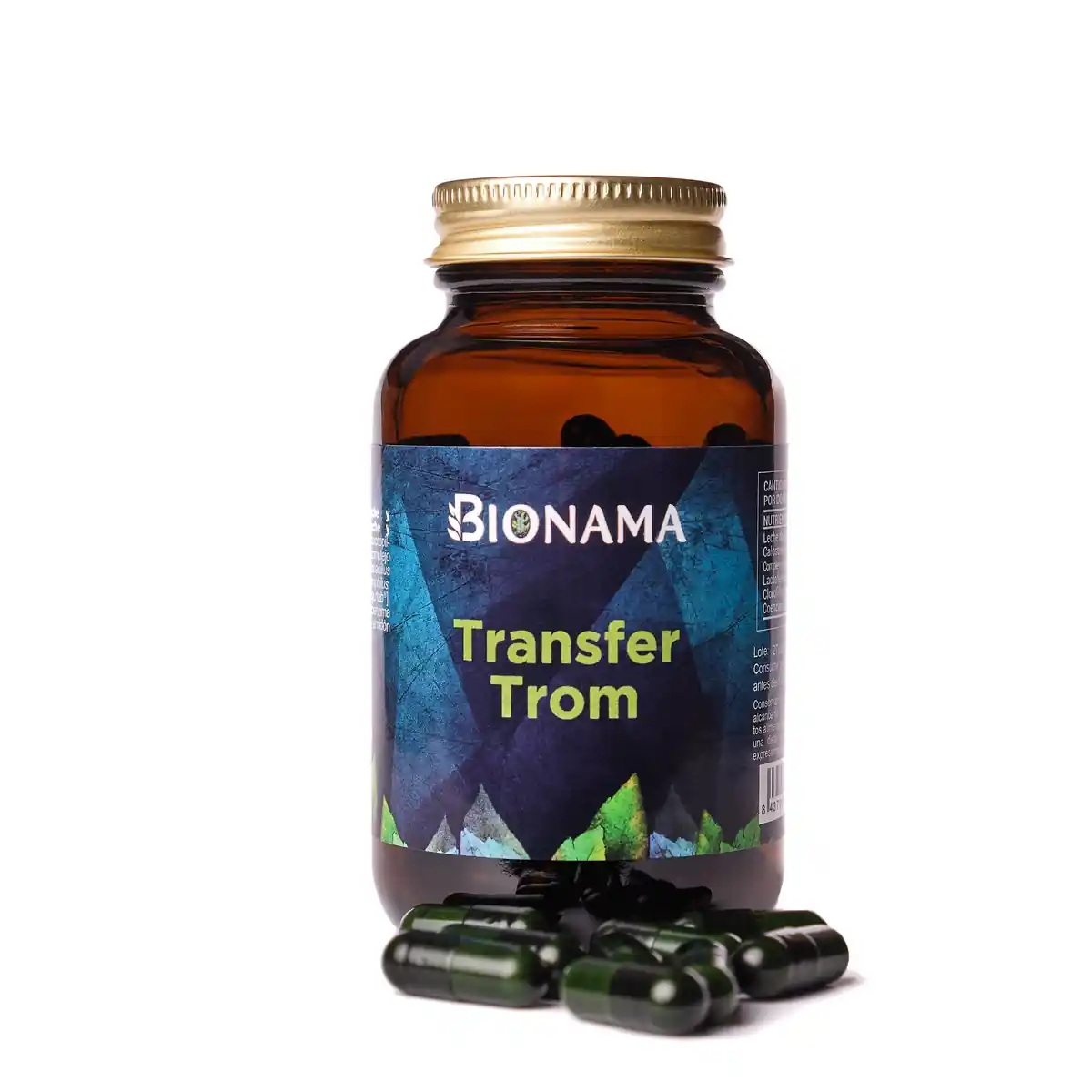 Bote de suplemento en cápsulas Transfer Trom de Bionama, fortalece defensas y previene enfermedades. Ideal para tu salud.