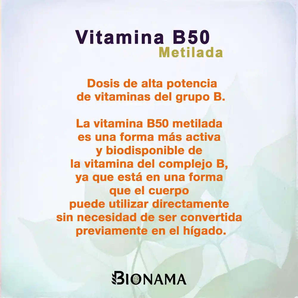 Ficha con propiedades de Vitamina B50 Metilada en cápsulas de Bionama.