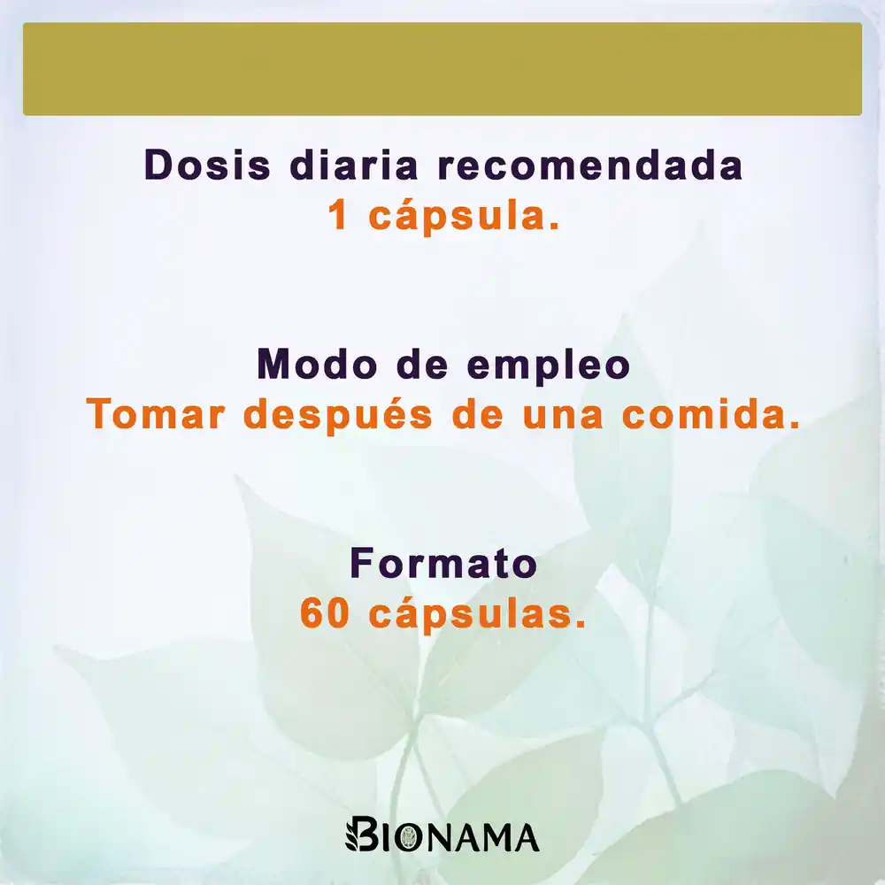 Ficha con dosis diaria recomendada, modo de empleo y formato de Vitamina B Complex en cápsulas de Bionama.