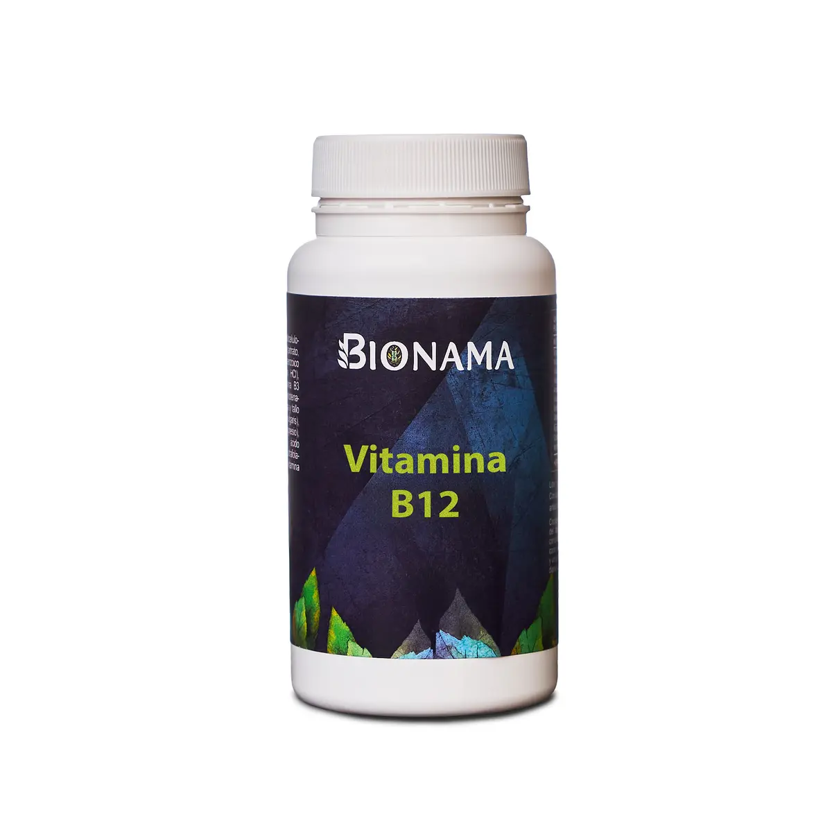 Bote de cápsulas de vitamina B12 de Bionama, refuerzan sistema inmune, apoyan salud cardiovascular, y mejoran el rendimiento.