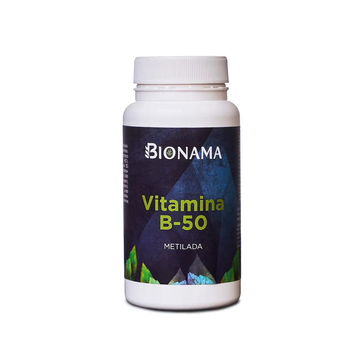 Bote de cápsulas de vitamina B50 metilada de Bionama, ideal para energía y bienestar diario.