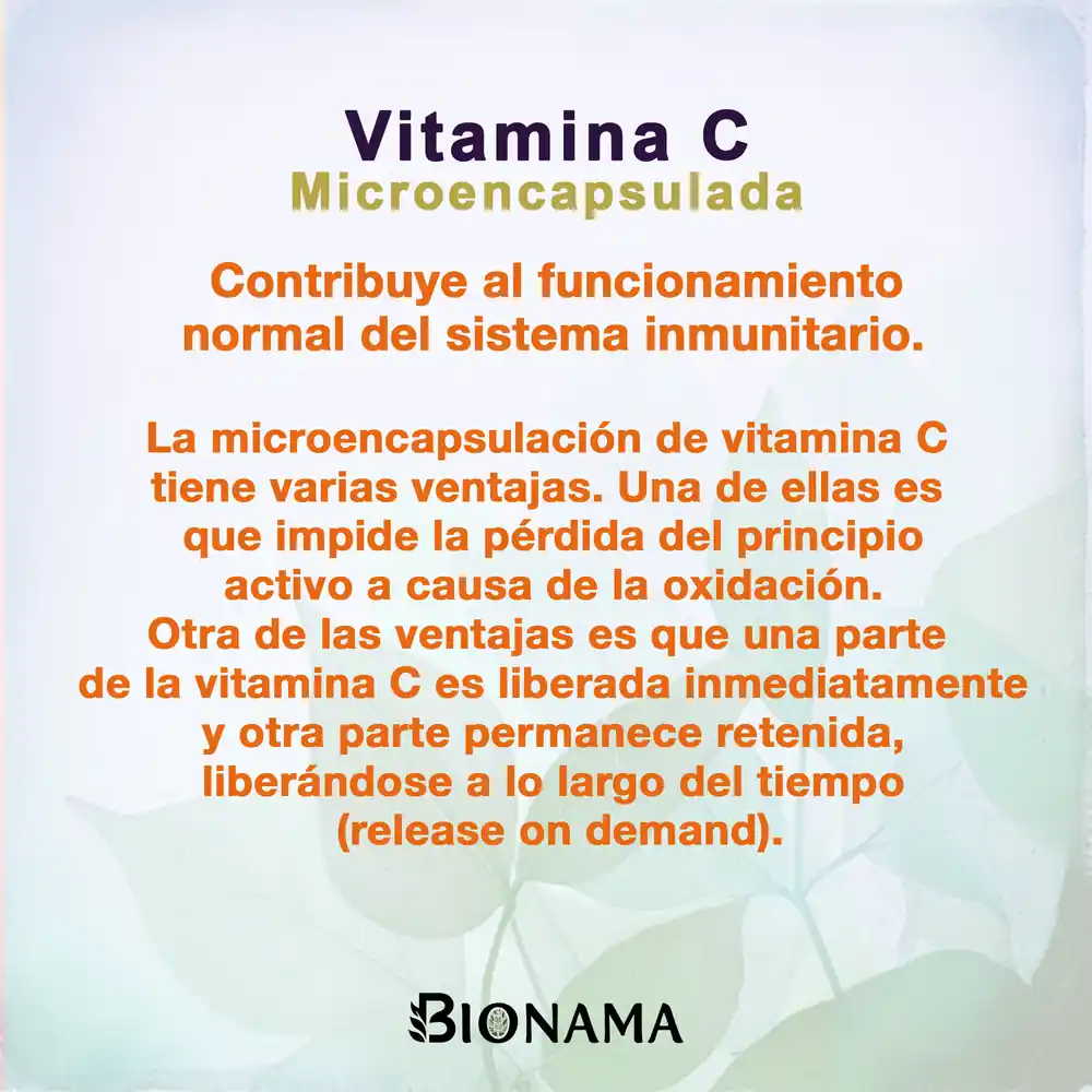 Ficha con propiedades de Vitamina C Microencapsulada en cápsulas de Bionama.