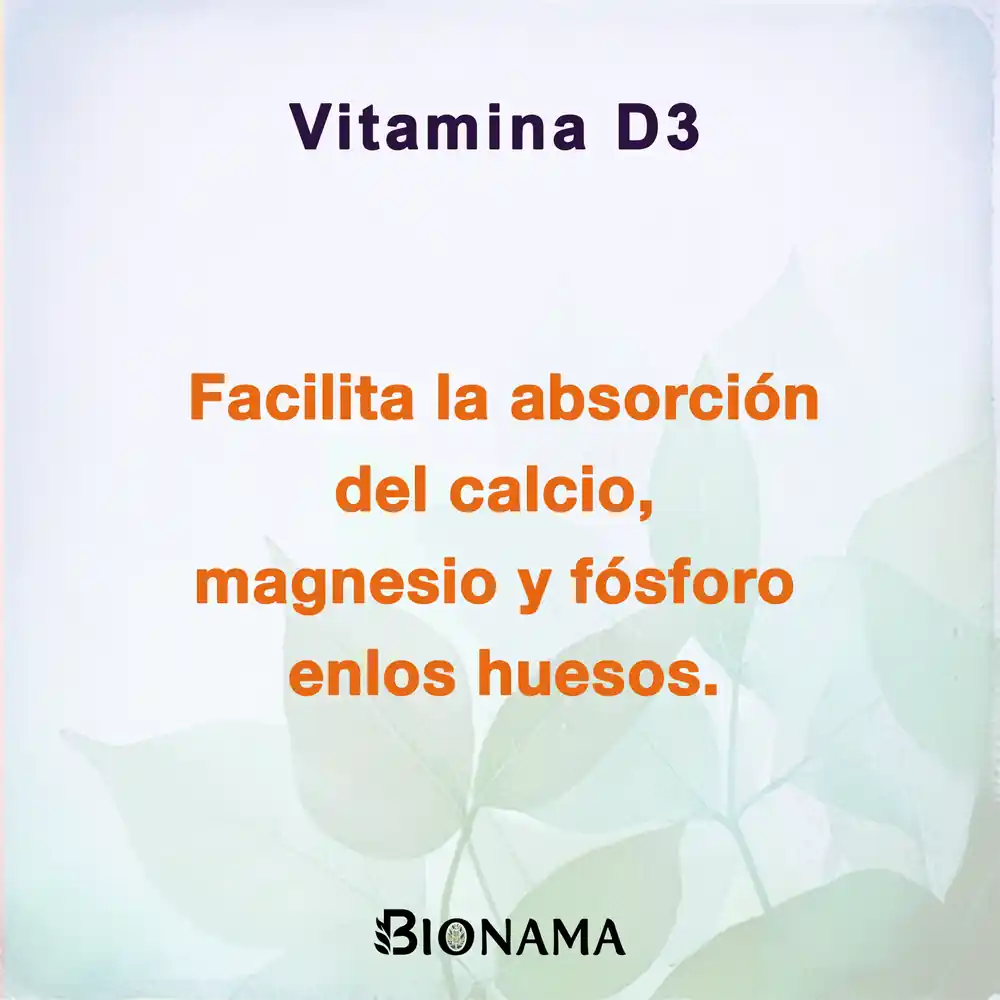 Ficha con propiedades de Vitamina D3 en cápsulas de Bionama.