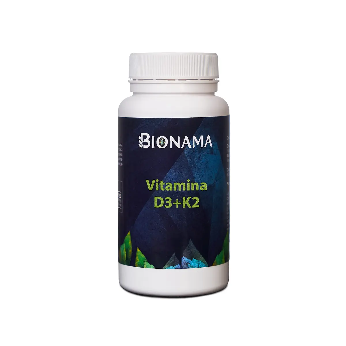 Bote de cápsulas de Vitamina D3+K2 de Bionama, ideal para huesos fuertes y salud cardiovascular.