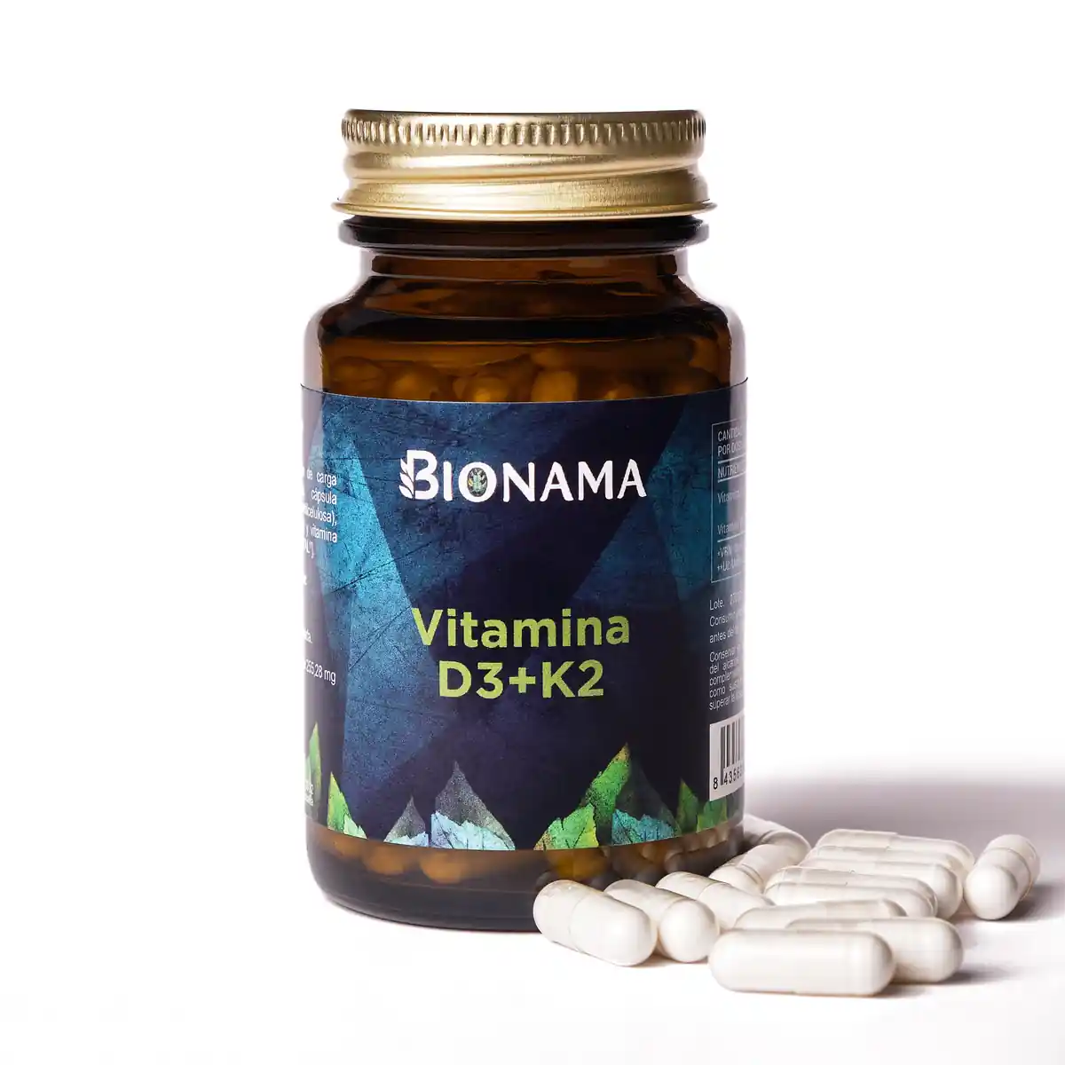 Bote de cápsulas de Vitamina D3+K2 de Bionama, ideal para huesos fuertes y salud cardiovascular.