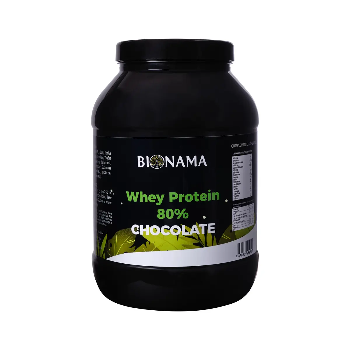 Bote de Whey Protein 80% sabor chocolate de Bionama, ideal para potenciar tu rendimiento y disfrutar de un delicioso sabor.